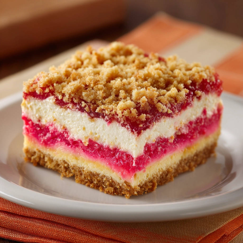 Easy Creamy Berry Crumble Cheesecake Bars shown in a close-up cross-section revealing distinct layers of crust, berry filling, and cheesecake.