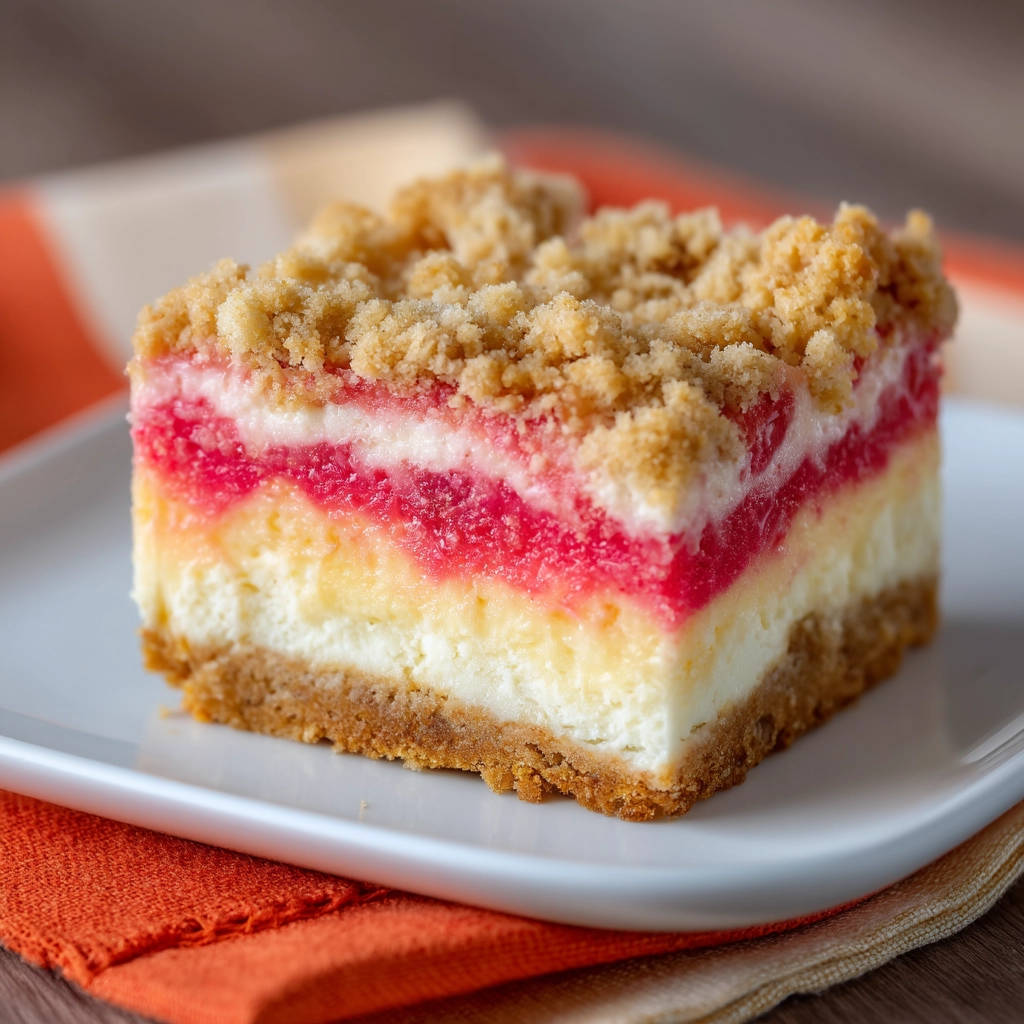Easy creamy berry crumble cheesecake bars shown as a close-up slice revealing its layered interior and crumb topping.