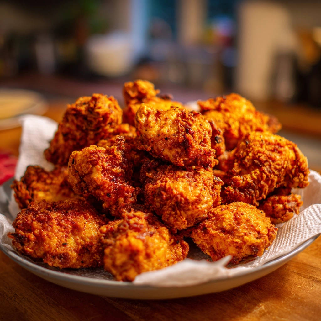 Easy crispy fried chicken bites piled high in a bowl, showcasing their golden-brown, textured coating.