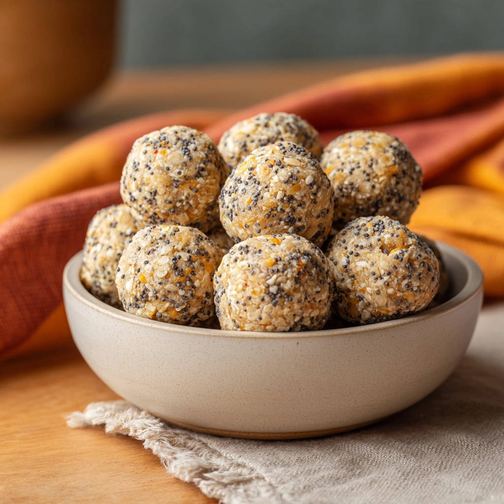 Easy energy bites recipe shown stacked in a small ceramic bowl with a textured cloth.