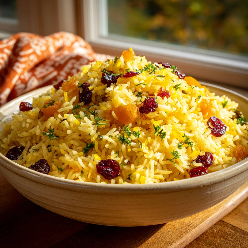 Easy fluffy cranberry apricot rice served in a rustic bowl, garnished with parsley.