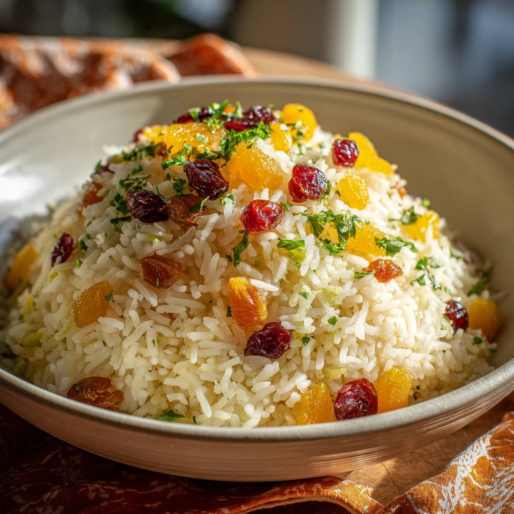 Easy fluffy cranberry apricot rice generously garnished with dried cranberries, apricots, and fresh parsley.