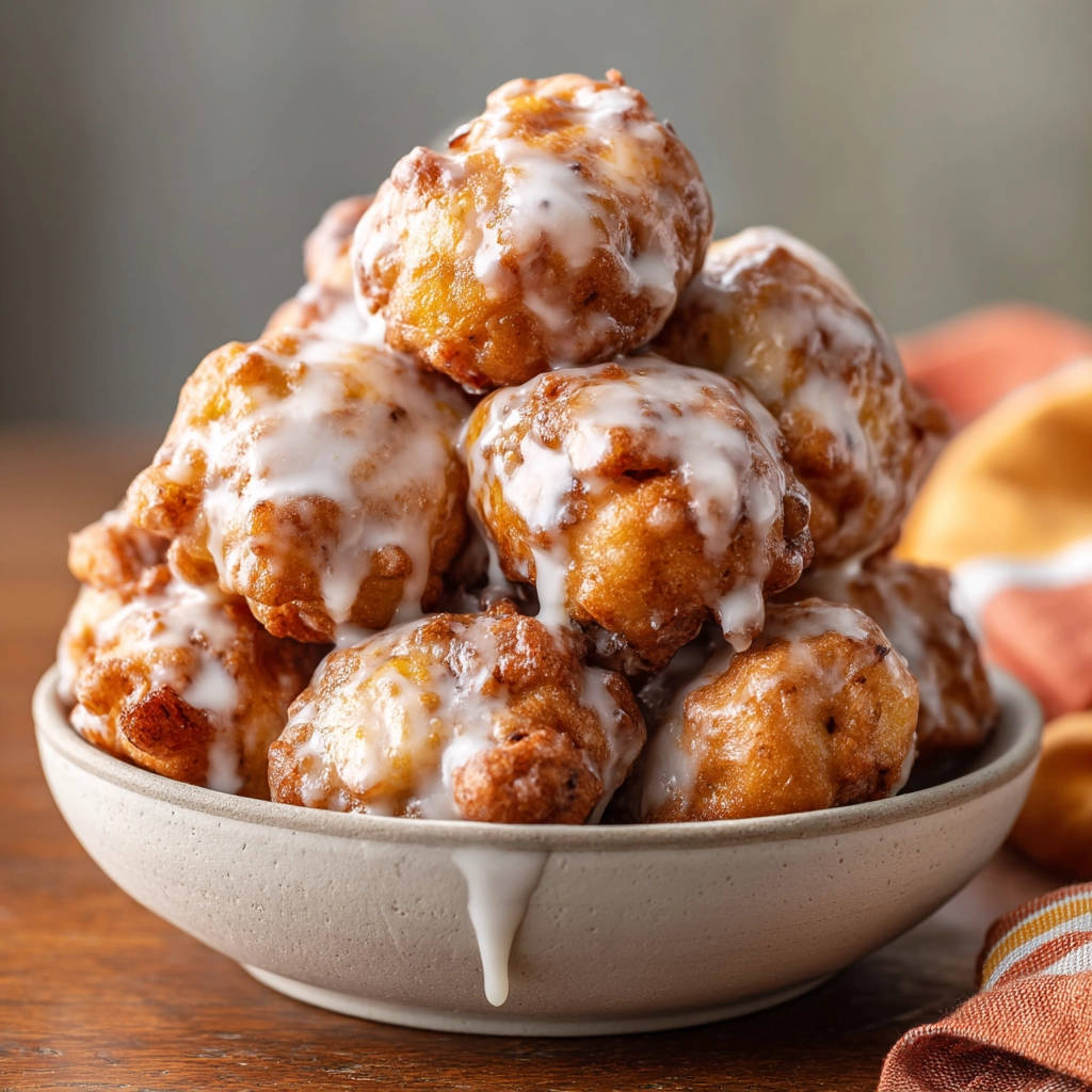Easy fluffy glazed fried dough bites piled high in a bowl, with a close-up view of the dripping glaze.