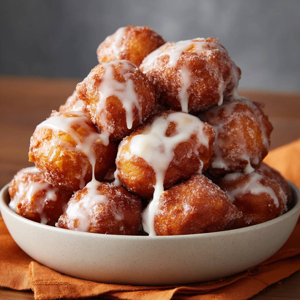 Easy fluffy glazed fried dough bites piled high in a bowl, drizzled with white glaze.