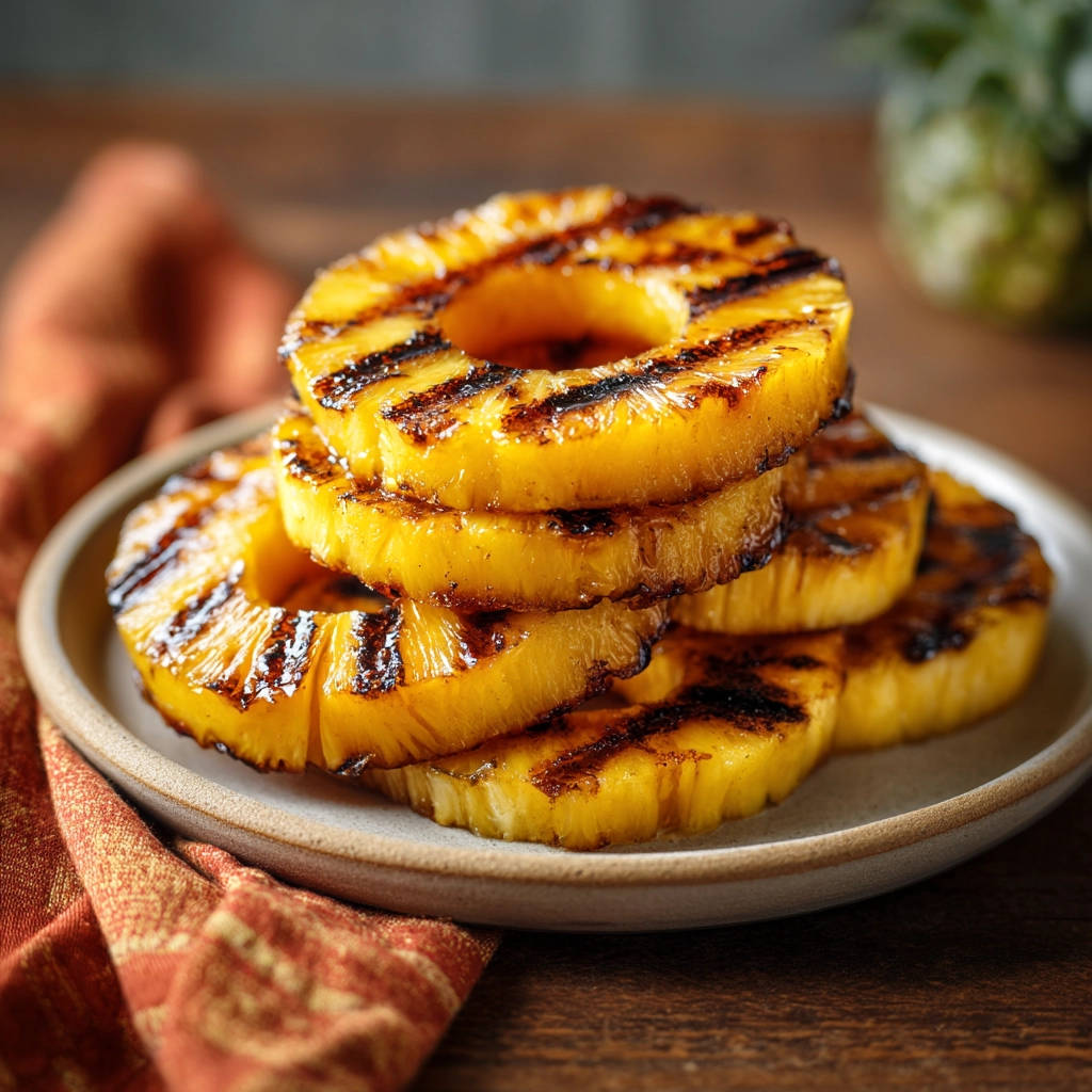 Easy grilled pineapple rings stacked on a plate, showcasing their caramelized texture and grill marks.