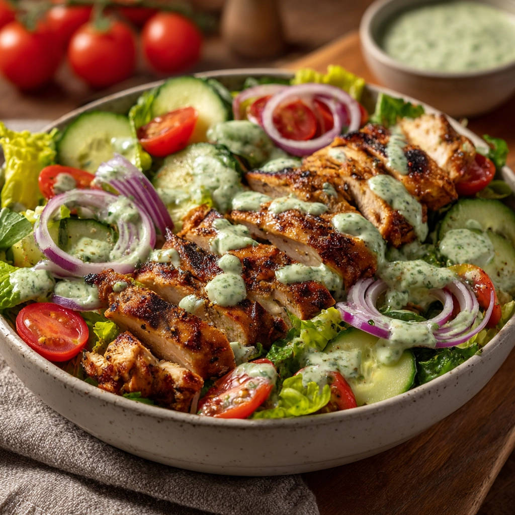 Easy juicy grilled chicken salad sliced and drizzled with creamy dressing, presented in a bowl with fresh vegetables.