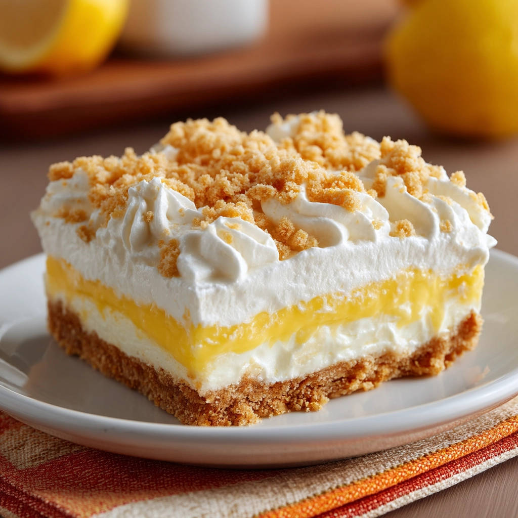 Easy lemon lush shown as a close-up cross-section revealing its distinct layers and crumb topping.