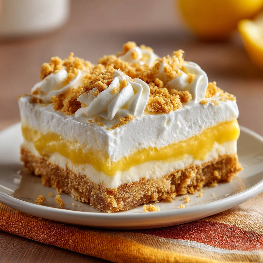 Easy Lemon Lush plated slice showing layers of graham cracker crust, cream cheese, lemon filling, and whipped topping.