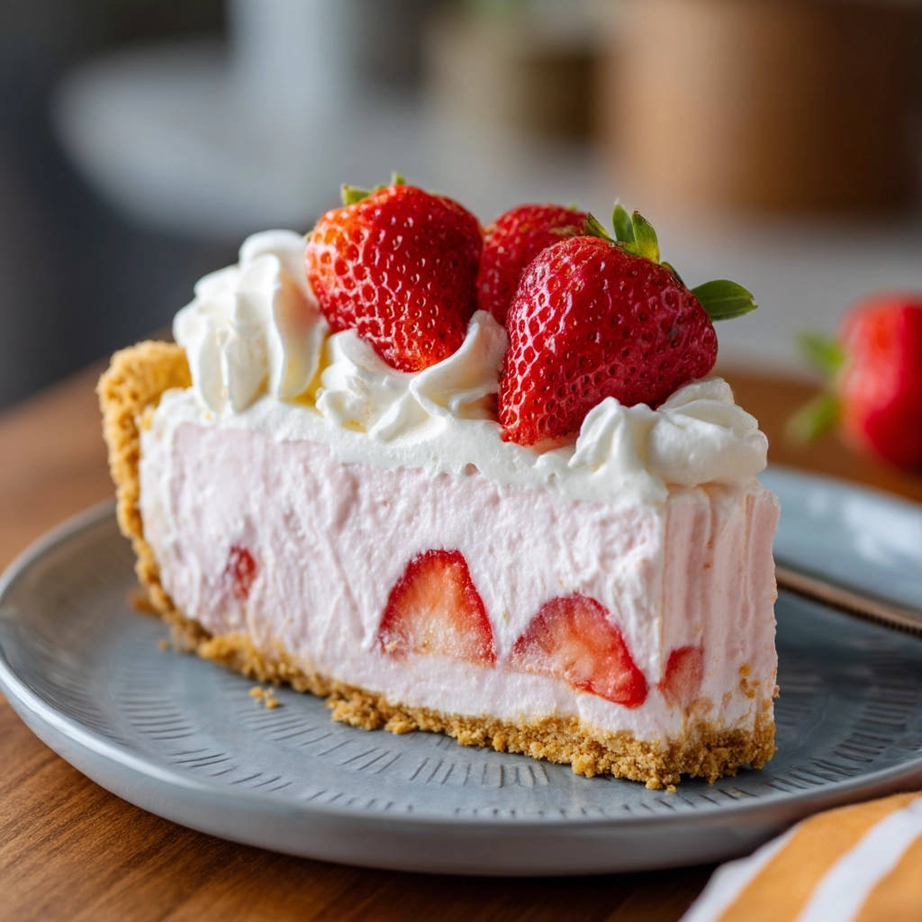 Easy no-bake strawberry pie slice showing fresh strawberries embedded in the creamy filling and a graham cracker crust.