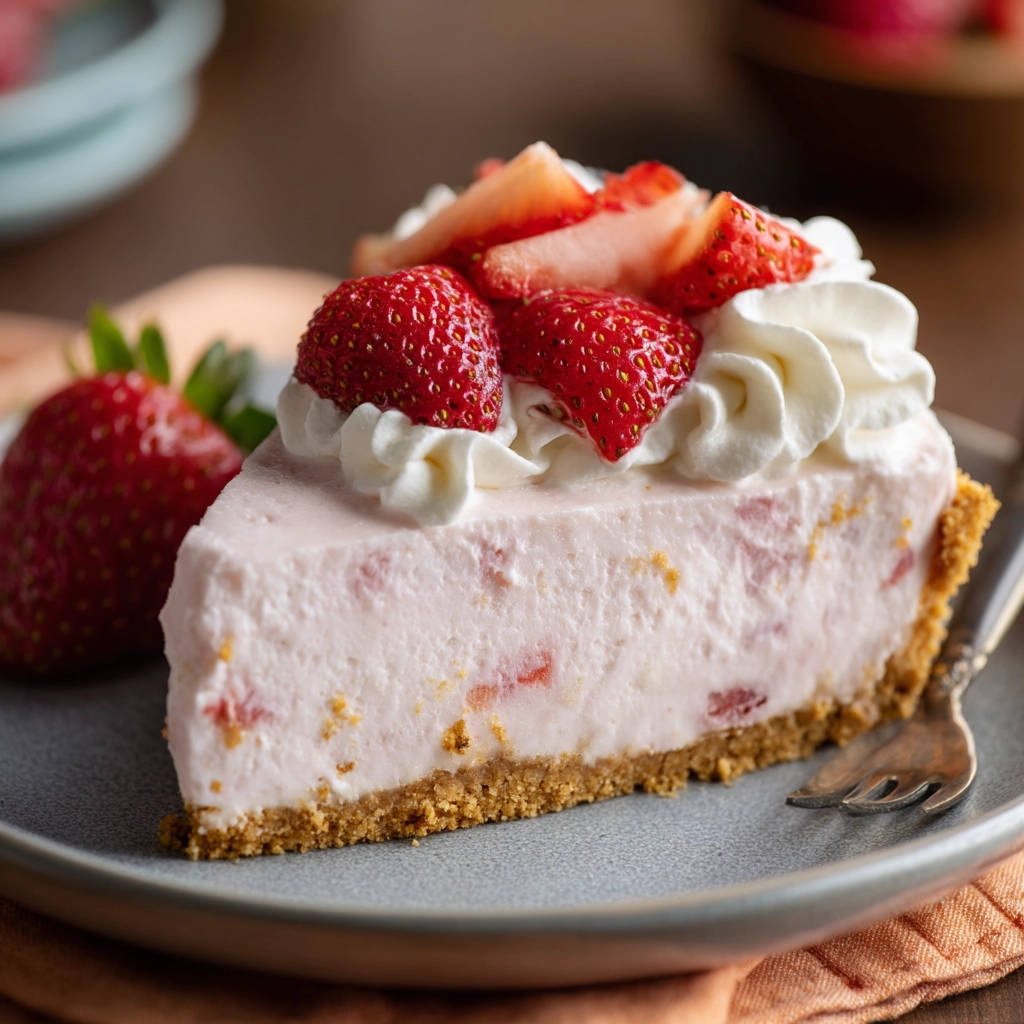Easy no-bake strawberry pie slice shown in a close-up cross-section on a grey plate with fresh strawberries.