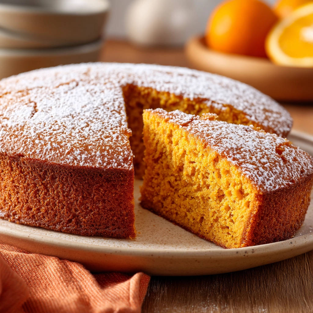 Easy orange cake, a moist citrus treat, shown with a slice cut to reveal its fluffy cross-section.