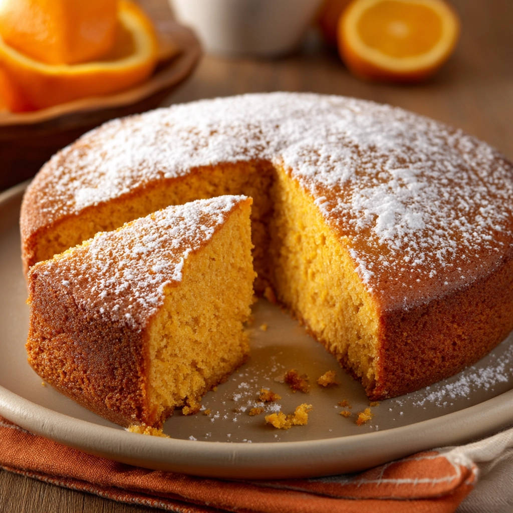 Easy orange cake with a slice removed, showing its moist citrus interior dusted with powdered sugar on a plate.