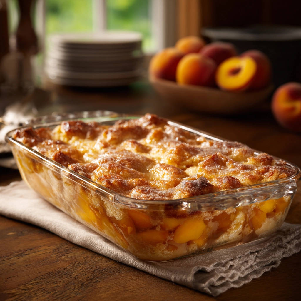 Easy peach cobbler with a golden, textured topping, showcasing the baked sugar and biscuit layers.