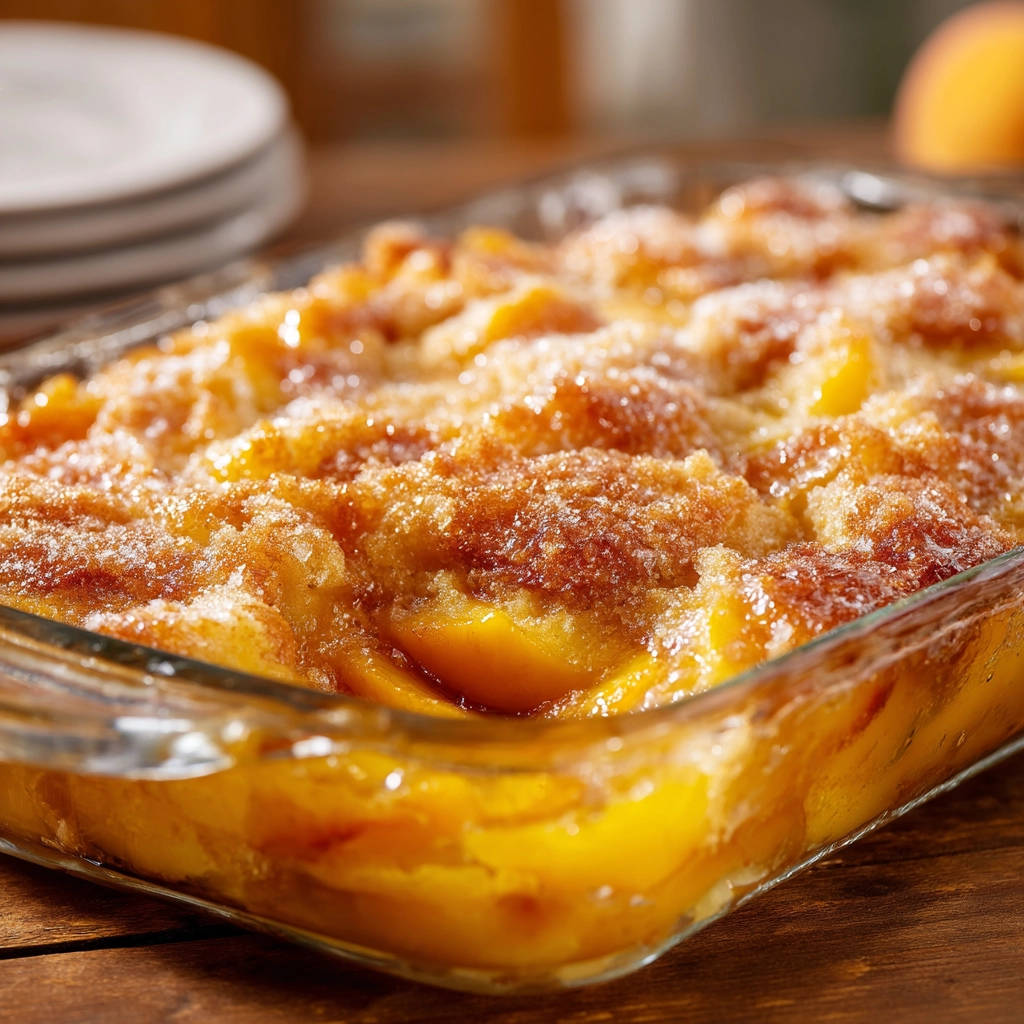 Easy peach cobbler with a golden brown, sugary topping and visible baked peach slices in a glass dish.
