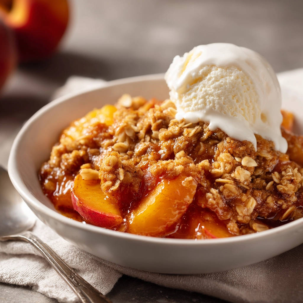 Easy peach crisp with a scoop of vanilla ice cream on top in a white bowl, close-up view.