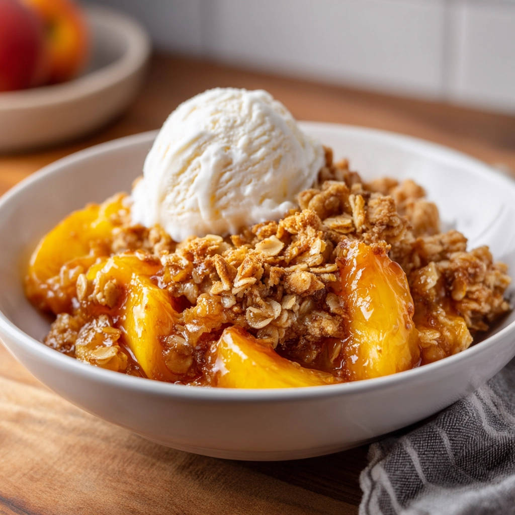 Easy peach crisp served in a white bowl, topped with a generous scoop of vanilla ice cream and a crumble topping.