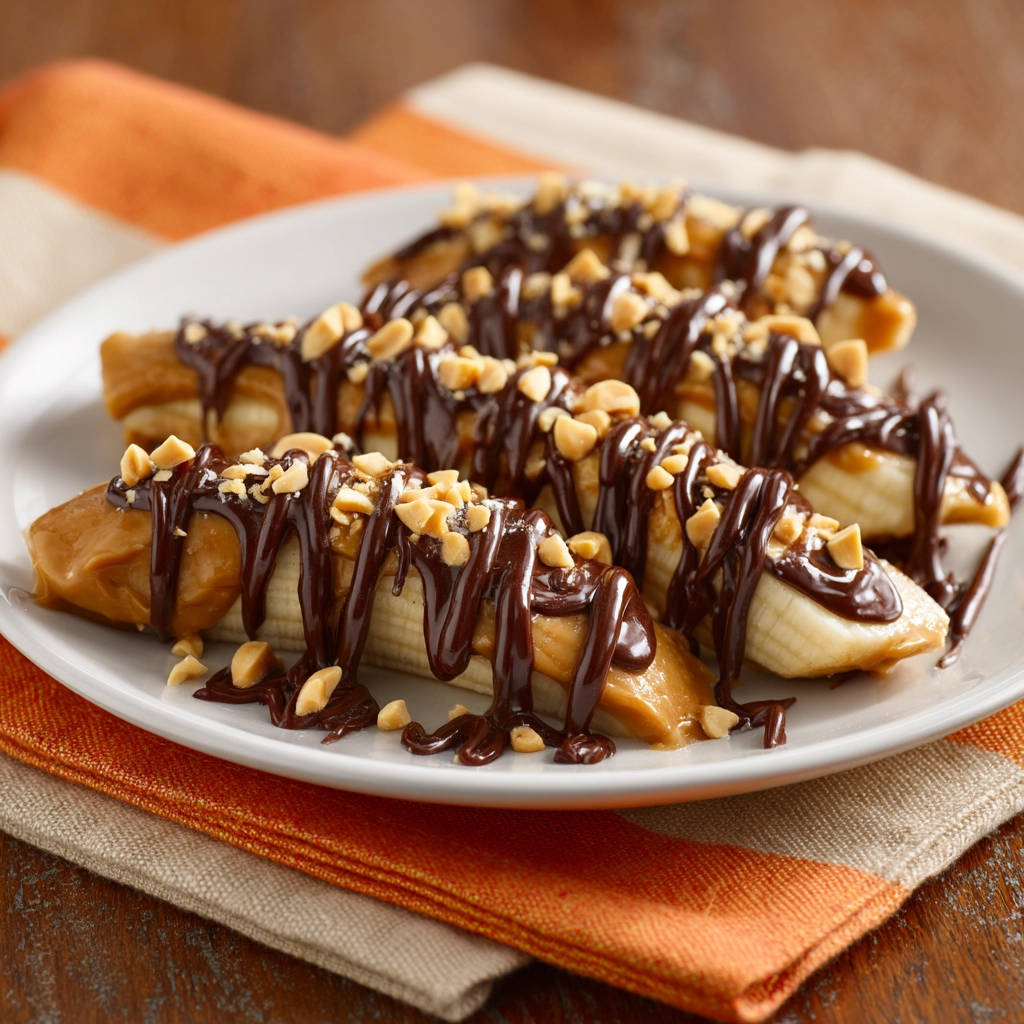 Easy peanut butter chocolate banana bites, a close-up view showing the drizzled chocolate and peanut topping on a white plate.