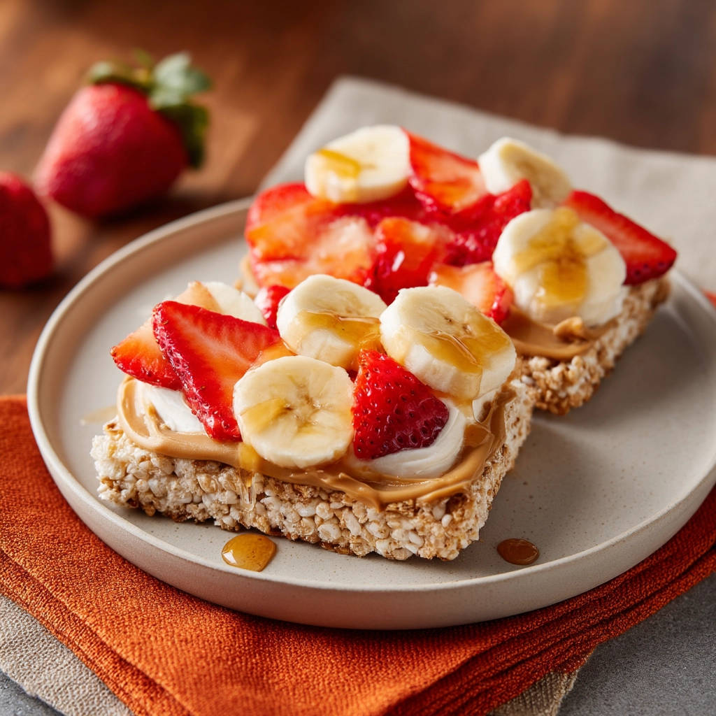 Easy rice cake delight topped with peanut butter, strawberries, bananas, and drizzled with honey on a plate.