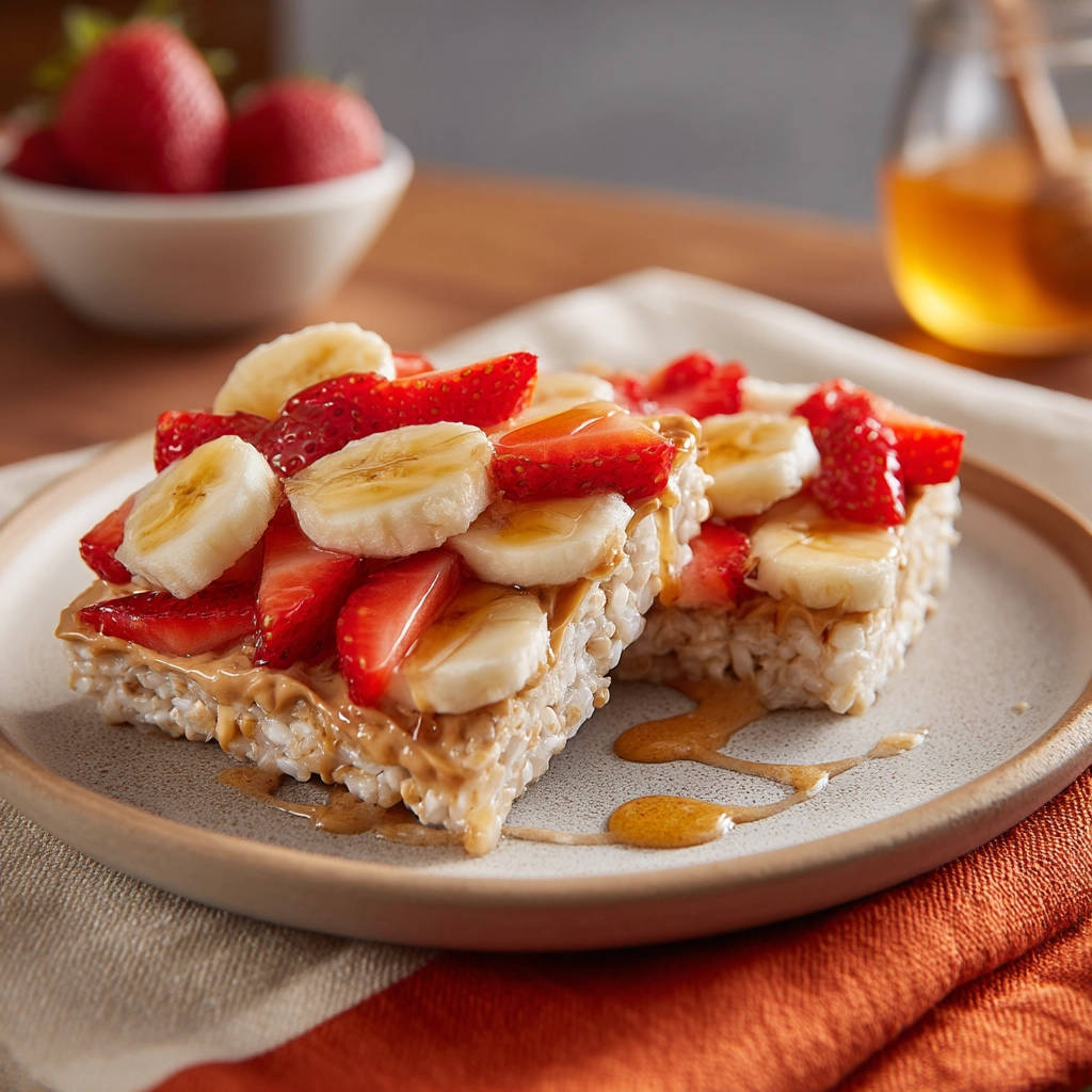 Easy rice cake delight with toppings staying put, served on a plate with drizzles of honey.