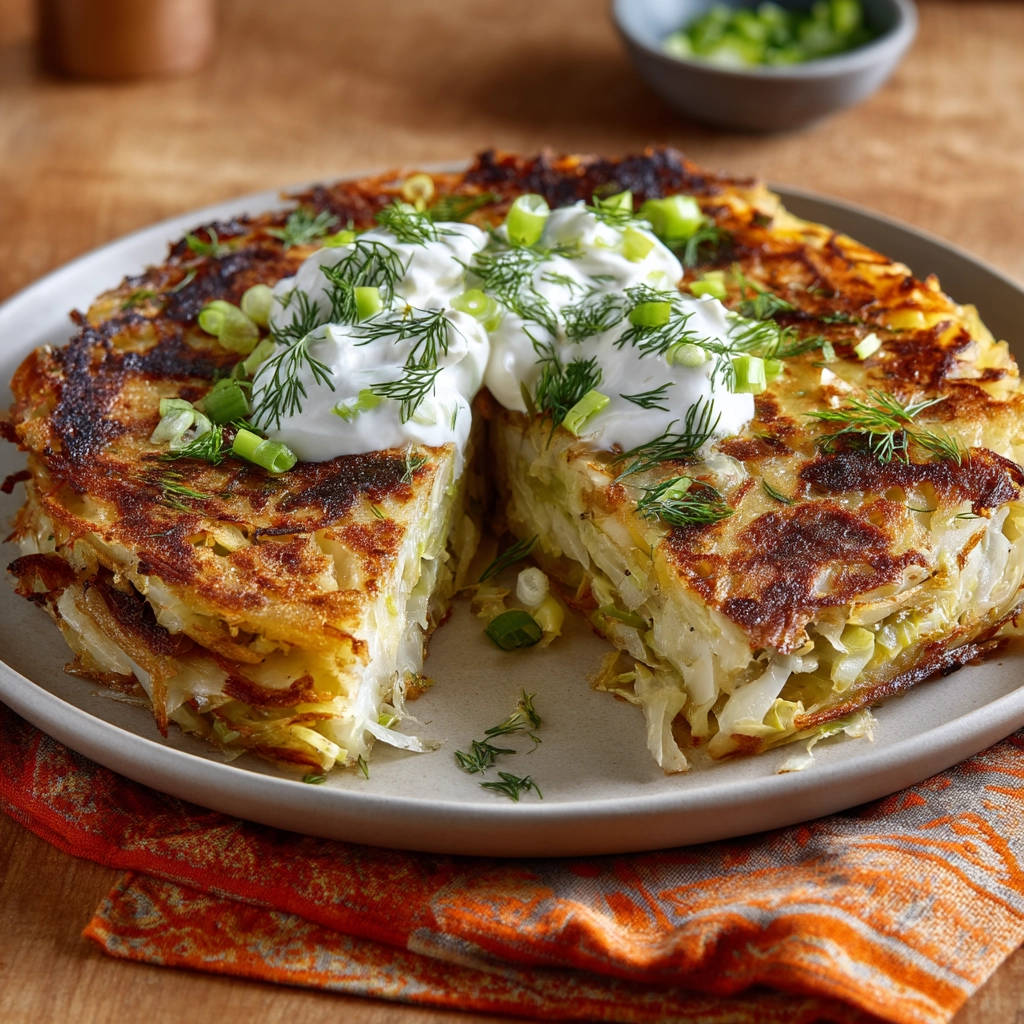 Easy Savory Cabbage and Potato Cake cross-section with dollops of sour cream and fresh dill garnish.