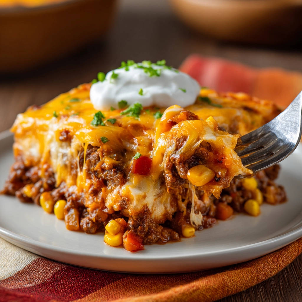 Easy taco bake with a fork lifting a cheesy, layered slice topped with sour cream and chives.