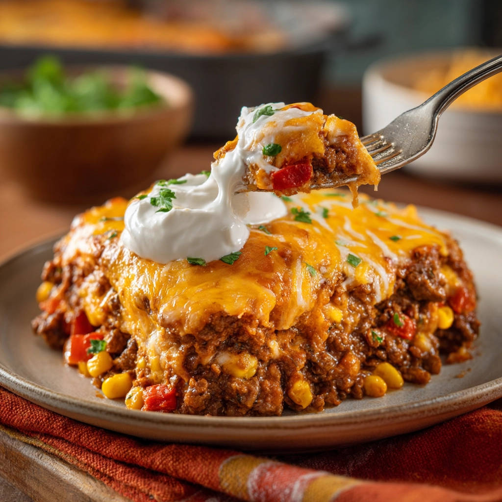 Easy taco bake with a fork lifting a serving topped with sour cream and cilantro.