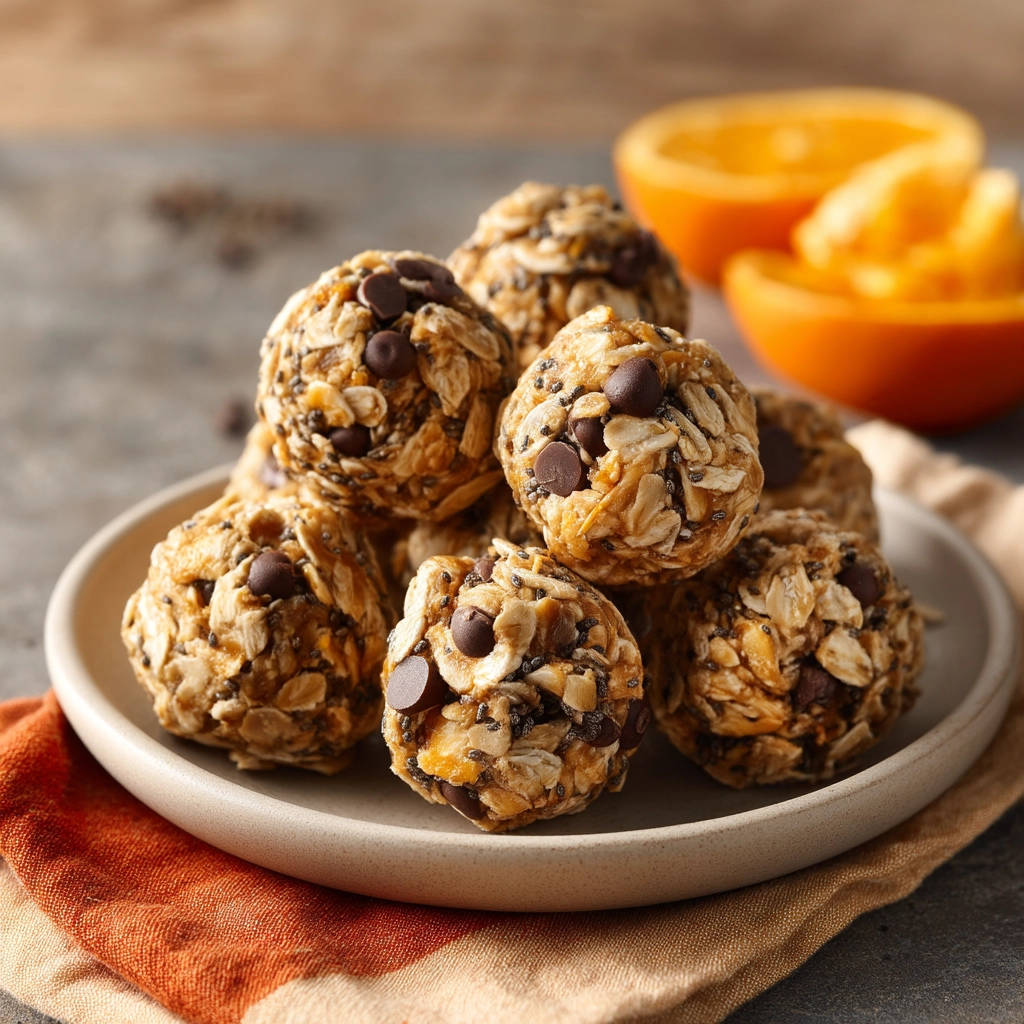 Energy ball recipe stacked on a plate with chocolate chips and chia seeds, with sliced oranges in the background.
