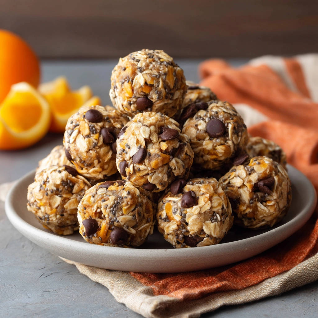 Energy balls recipe stacked high on a grey plate, with fresh orange slices and a napkin in the background.