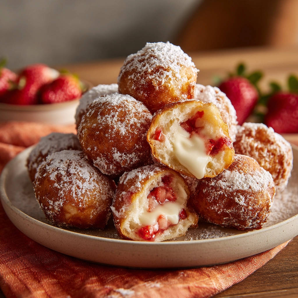 Filled fried dough bites cross-section showing fluffy interior with strawberries and cream filling