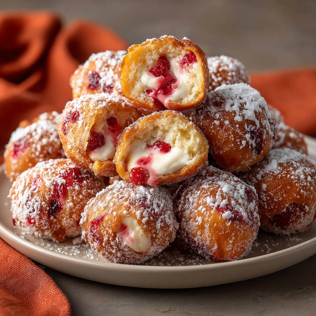 Filled fried dough bites cross-section revealing creamy filling and raspberries, dusted with powdered sugar.