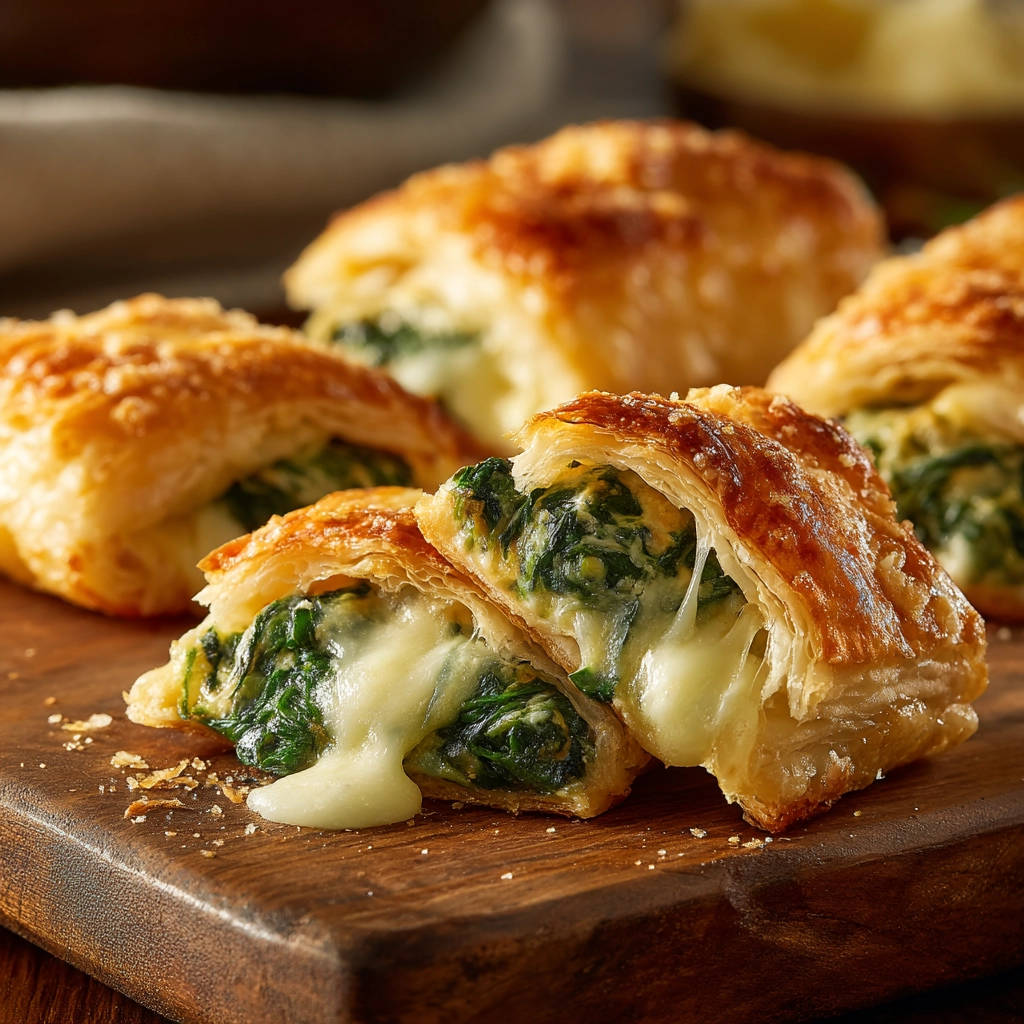 Flaky spinach & cheese bites cross-section showing gooey melted cheese oozing from the golden pastry.