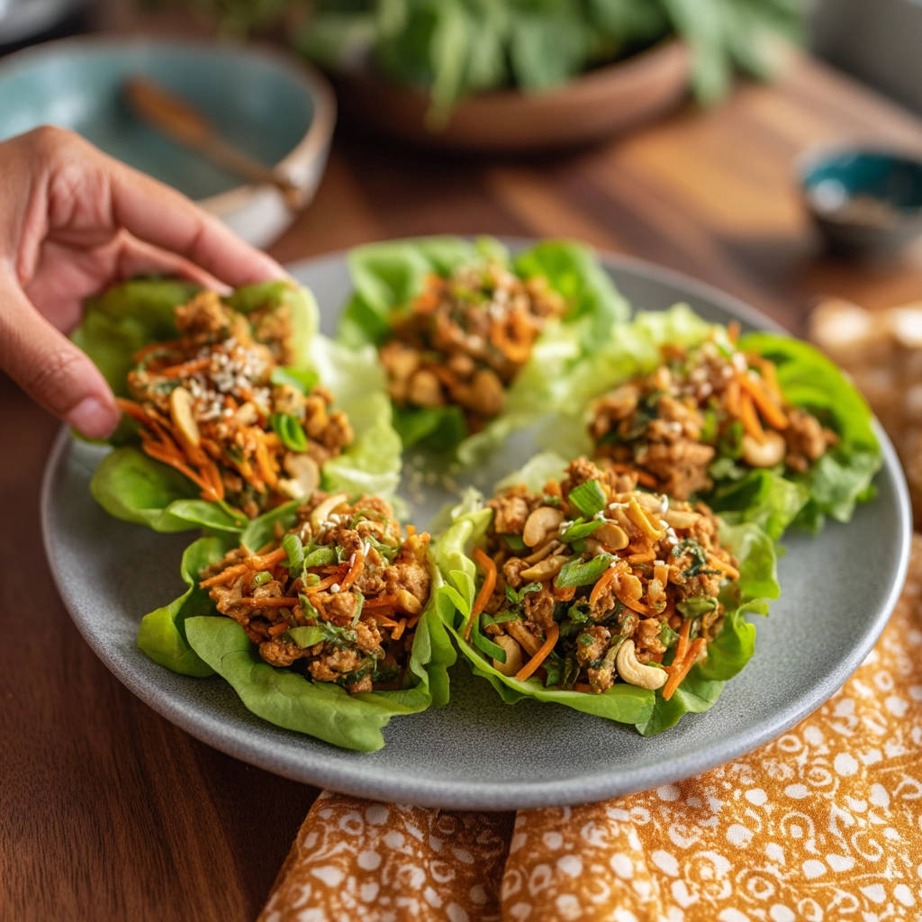 Flavorful ground meat lettuce wraps are being picked from a plate by a hand, showcasing the fresh ingredients.