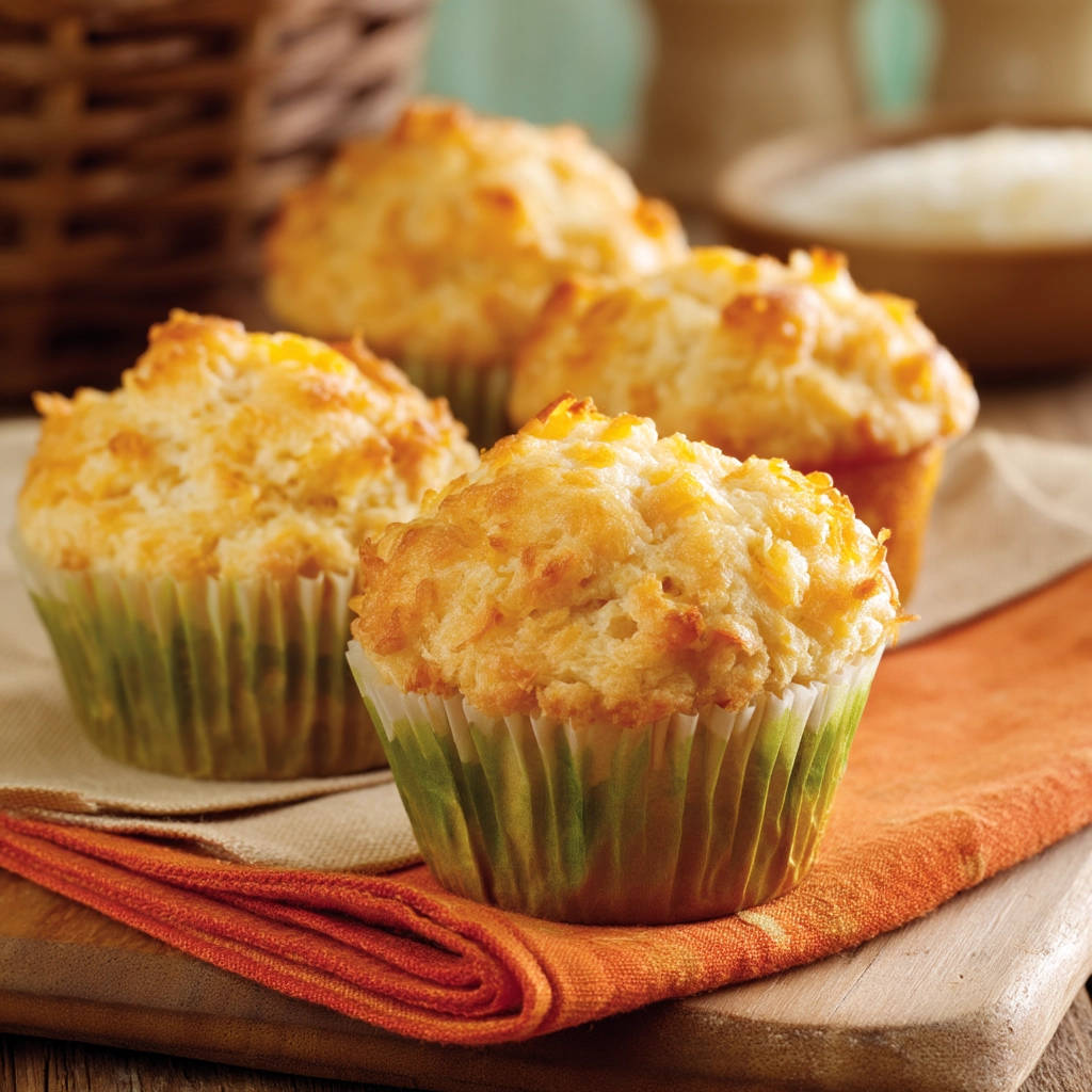 Fluffy corn muffins guaranteed fluffy every time, shown freshly baked in paper liners on a wooden tray with an orange napkin.