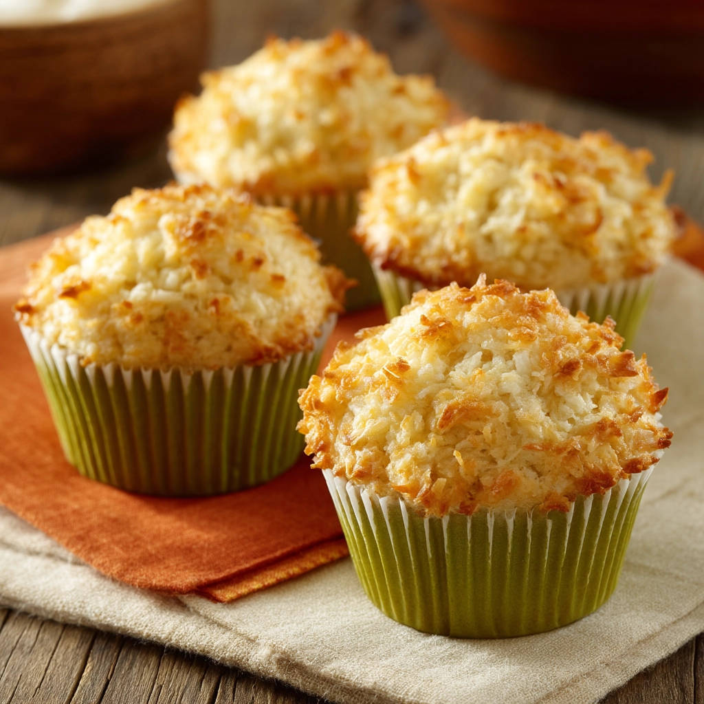 Fluffy corn muffins topped with golden, toasted coconut in green paper liners.