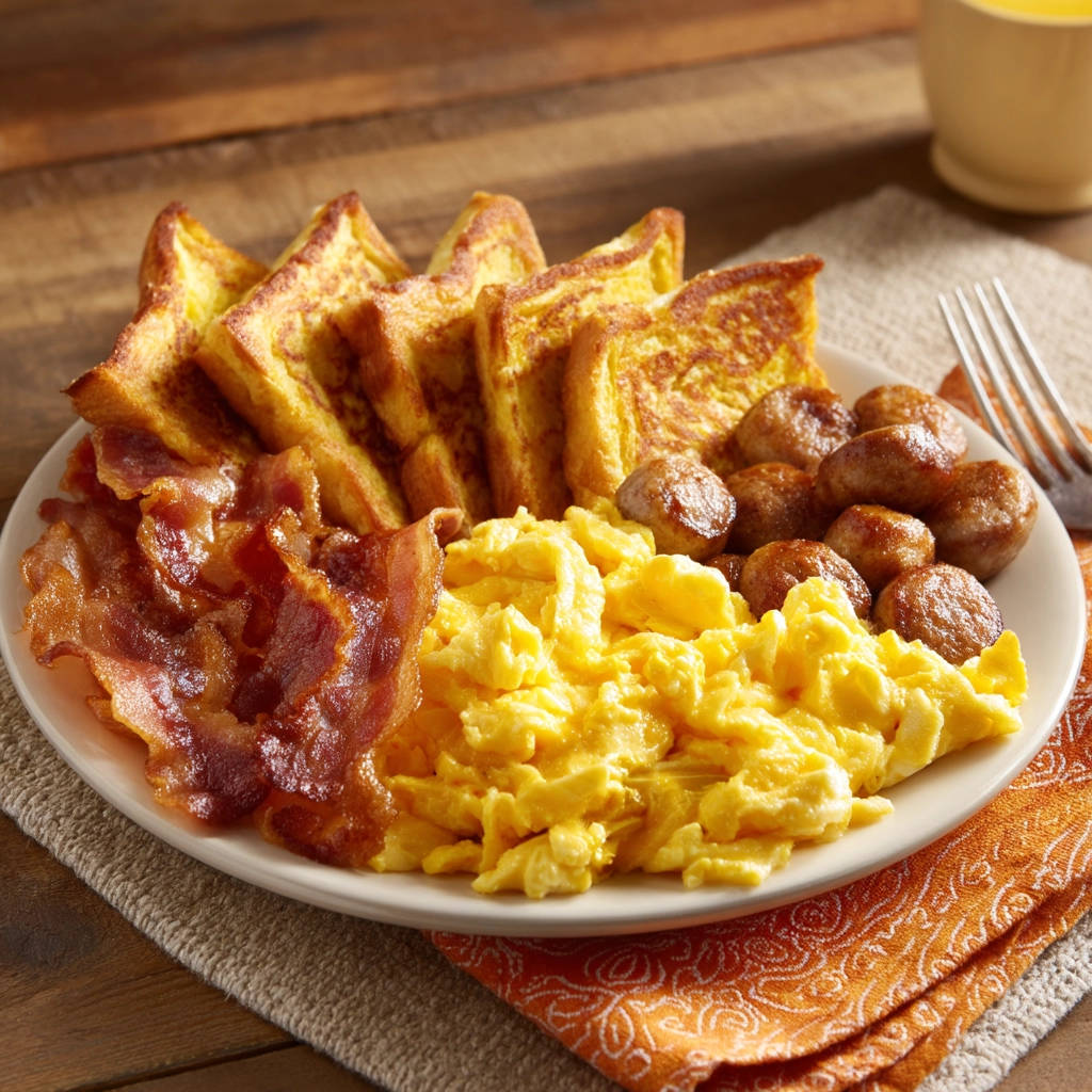 Amazing fluffy scrambled eggs plated with bacon, sausage, and French toast for a hearty breakfast.