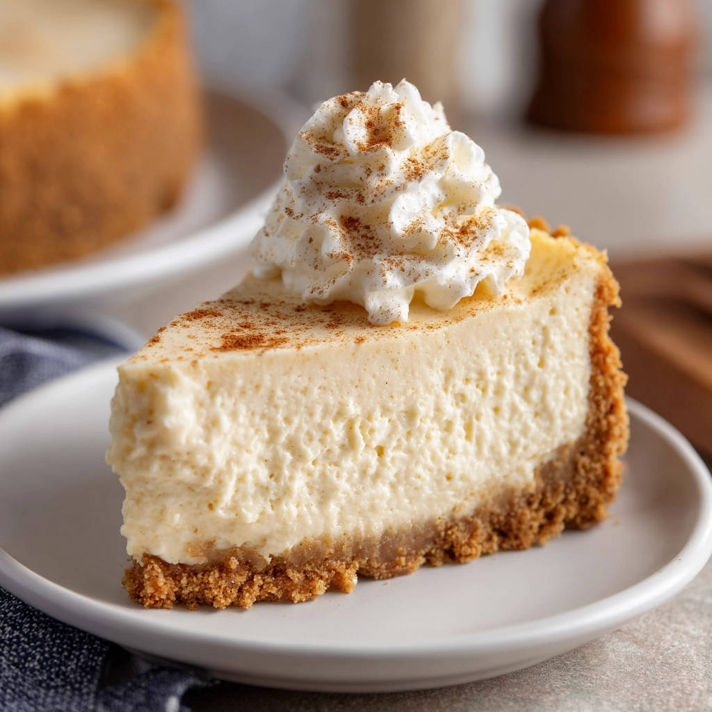Foolproof cheesecake recipe showing a single slice topped with whipped cream and a dusting of cinnamon.