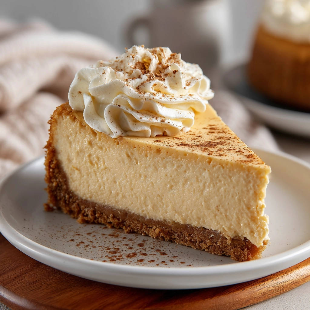 Foolproof cheesecake recipe slice with whipped cream and cinnamon topping on a white plate.