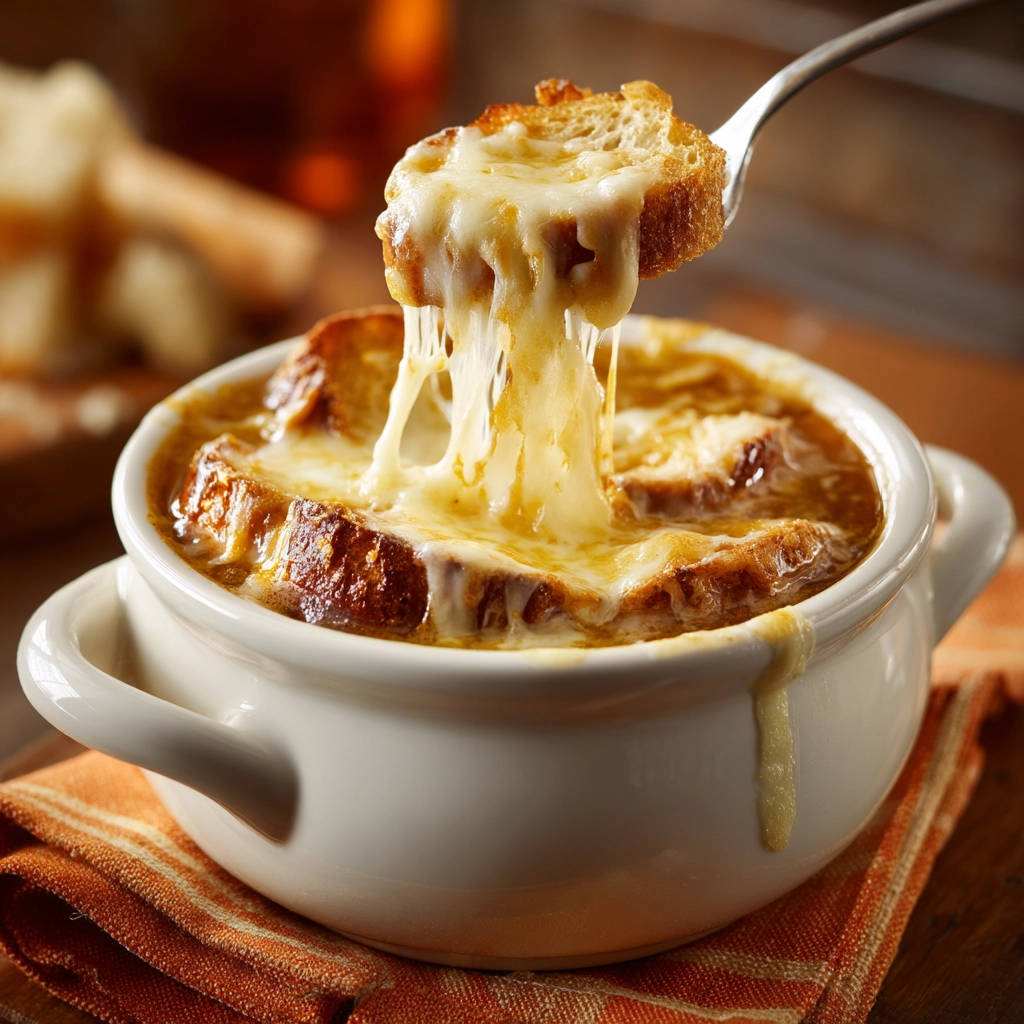 Classic French onion soup with a generous topping of melted cheese being lifted by a spoon.