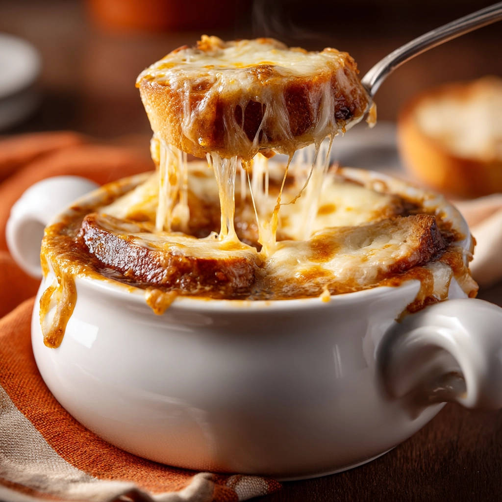 Classic French onion soup with a spoon lifting a piece of bread covered in melted, gooey cheese showing a cheese pull.