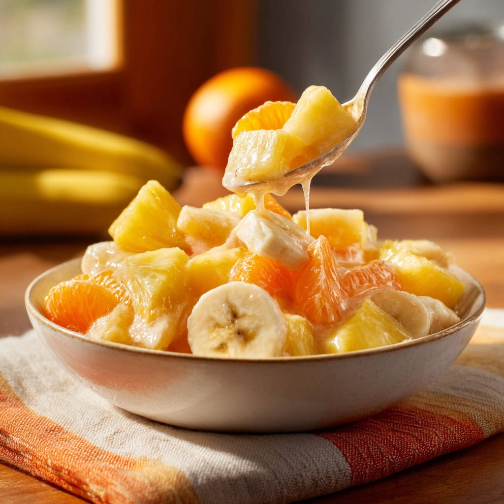 Fresh fruit salad with pineapple, oranges, and bananas shown in a close-up spoonful detail with creamy dressing.