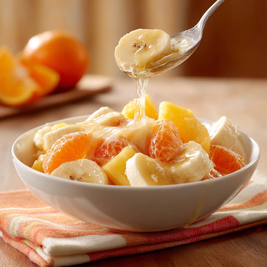 Fresh fruit salad with bananas, oranges, and pineapple being drizzled with honey from a spoon.