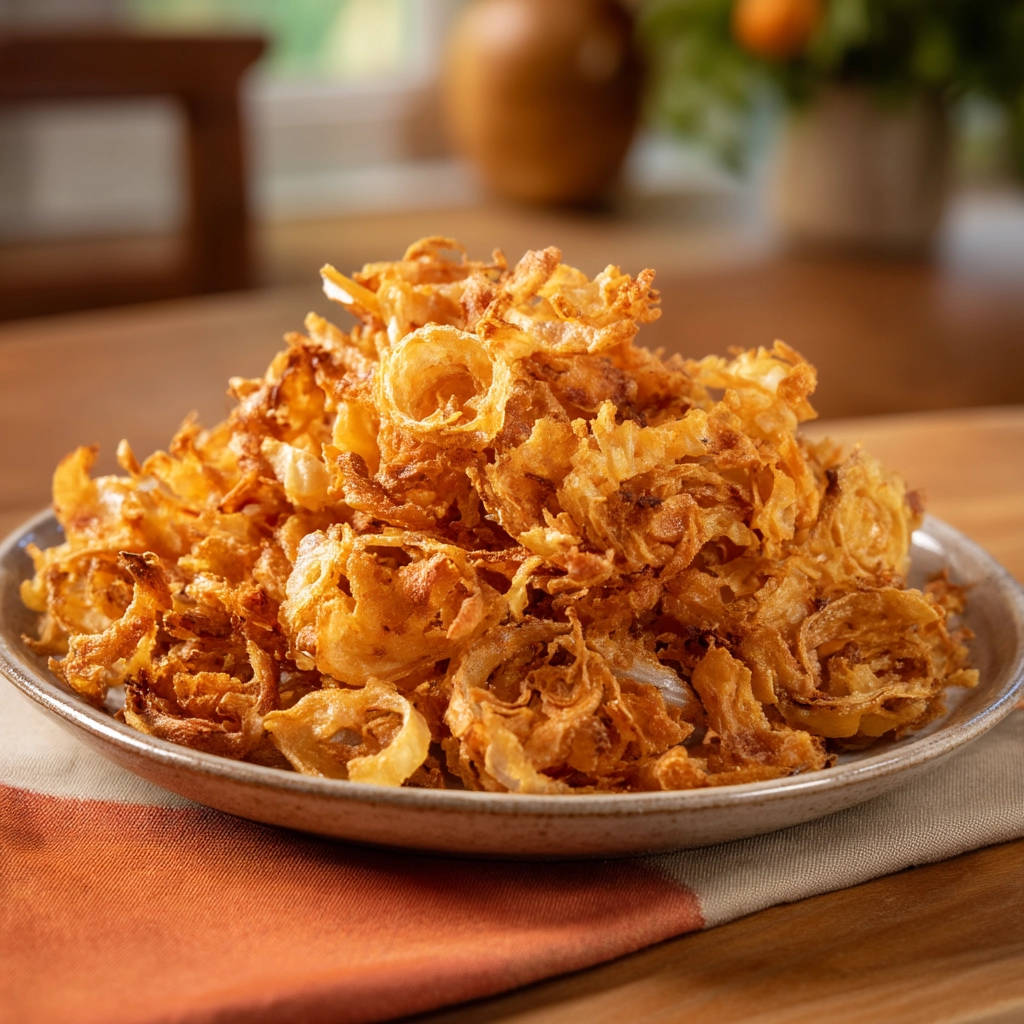 Homemade fried onion strings piled high on a rustic plate, showcasing their golden-brown, crispy texture.