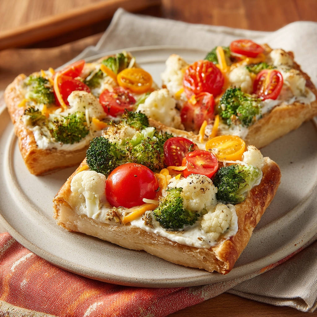 Garden Veggie Tart served on a plate, showcasing fresh broccoli, cauliflower, and tomatoes on flaky pastry.
