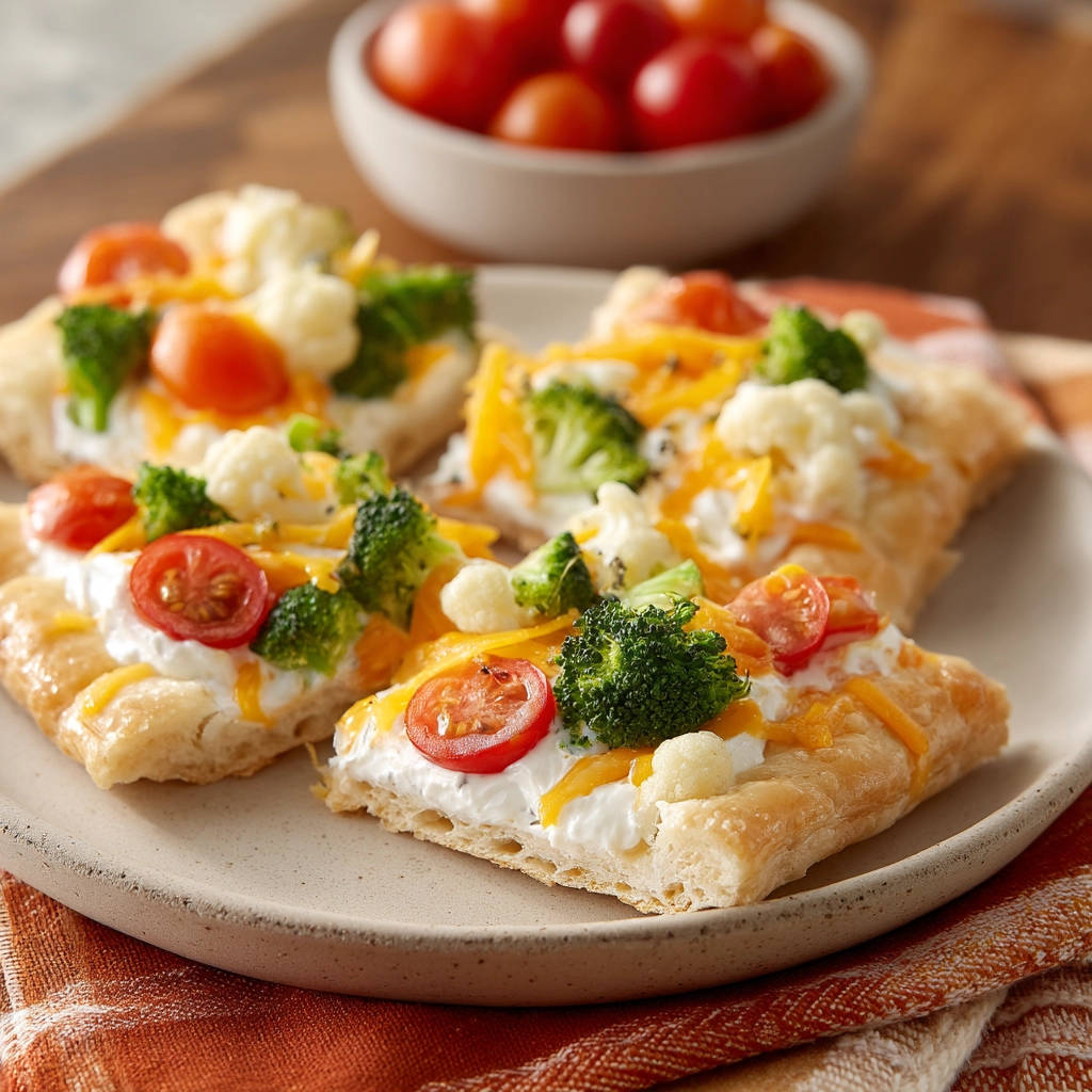 Garden veggie tart plated with visible layers of creamy spread, fresh broccoli, cauliflower, and cherry tomatoes.