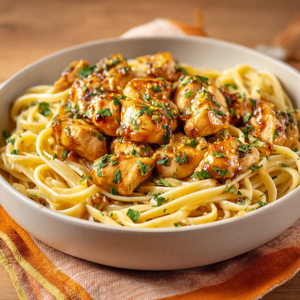 Garlic herb chicken pasta shown in a close-up view of a bowl, highlighting the tender chicken and pasta.