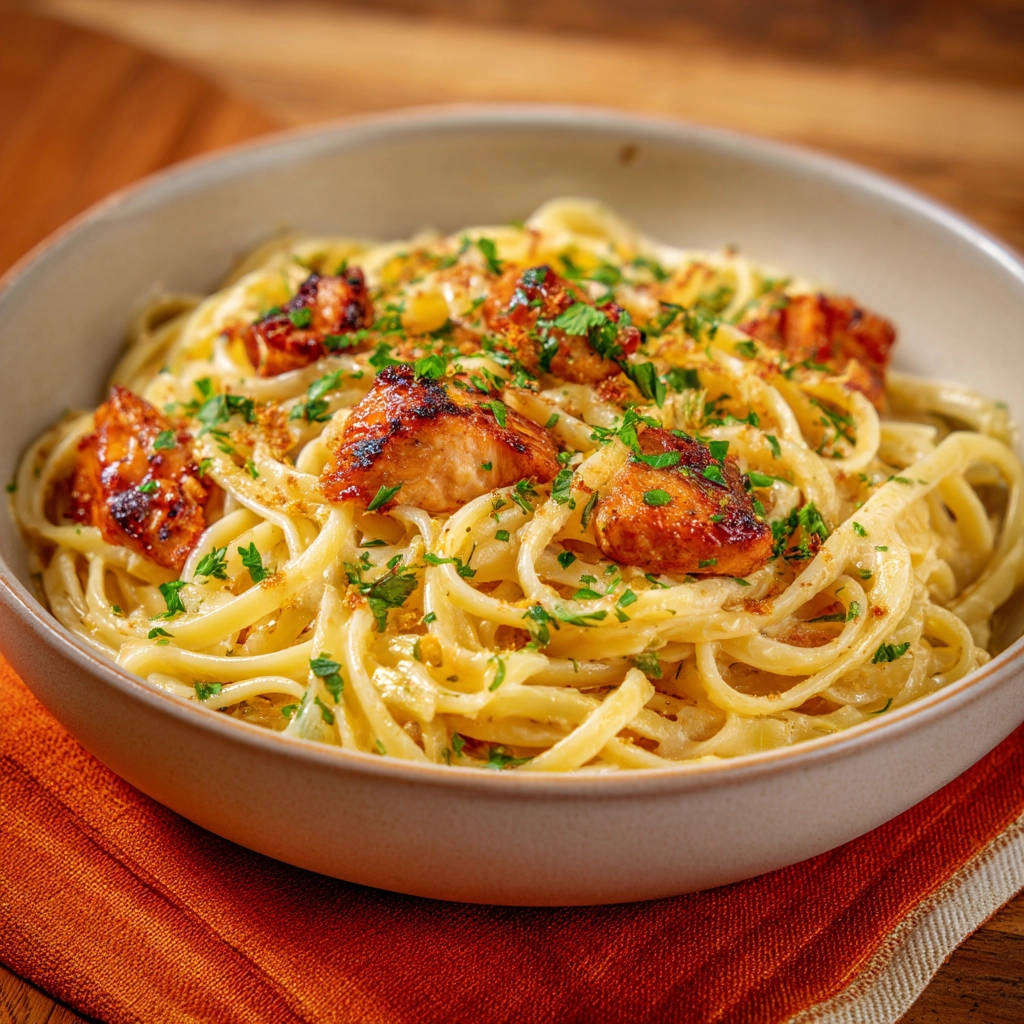 Garlic herb chicken pasta featuring tender chicken pieces and fresh parsley garnish in a creamy sauce.