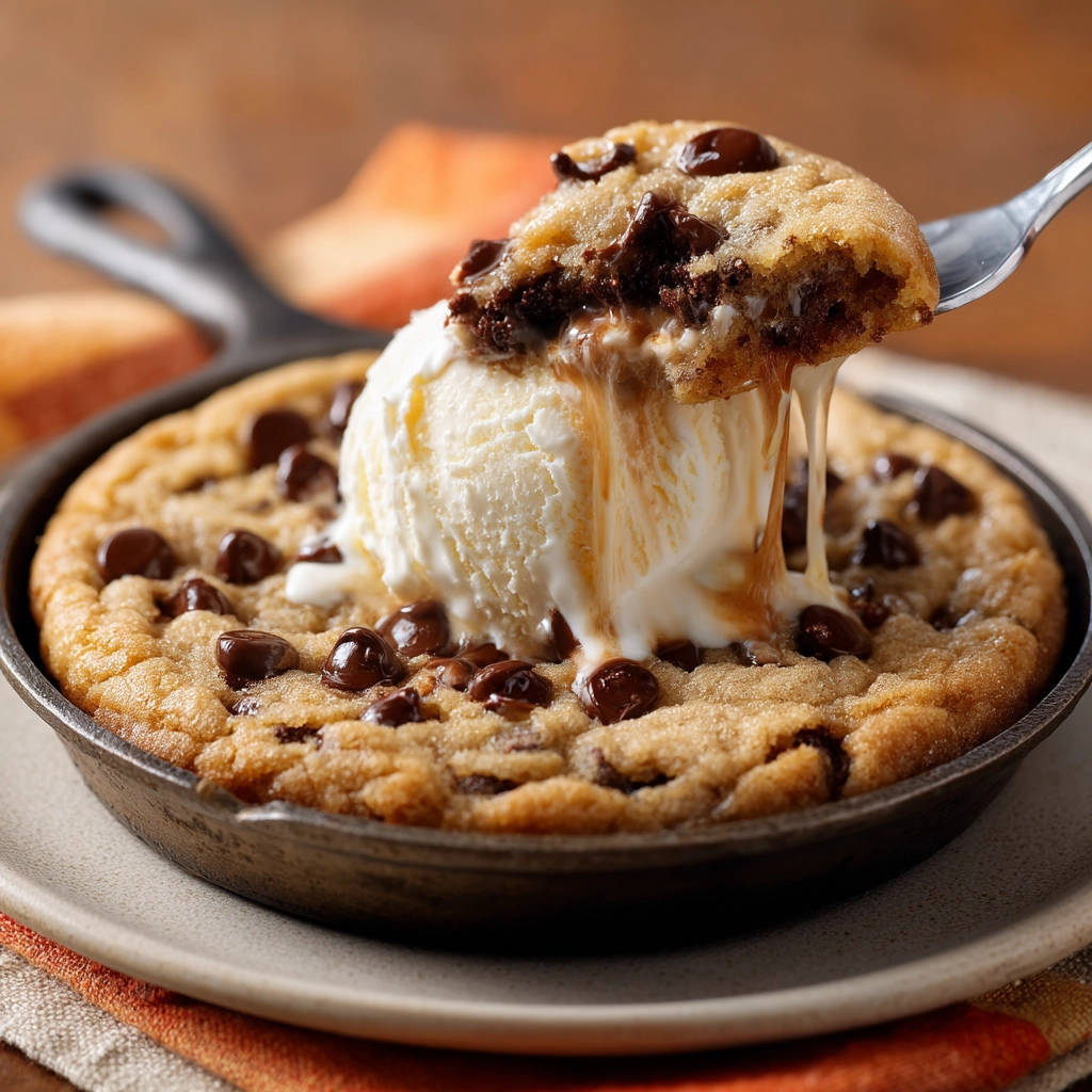 Giant skillet chocolate chip cookie with a fork lifting a scoop revealing melted chocolate chips and gooey caramel.