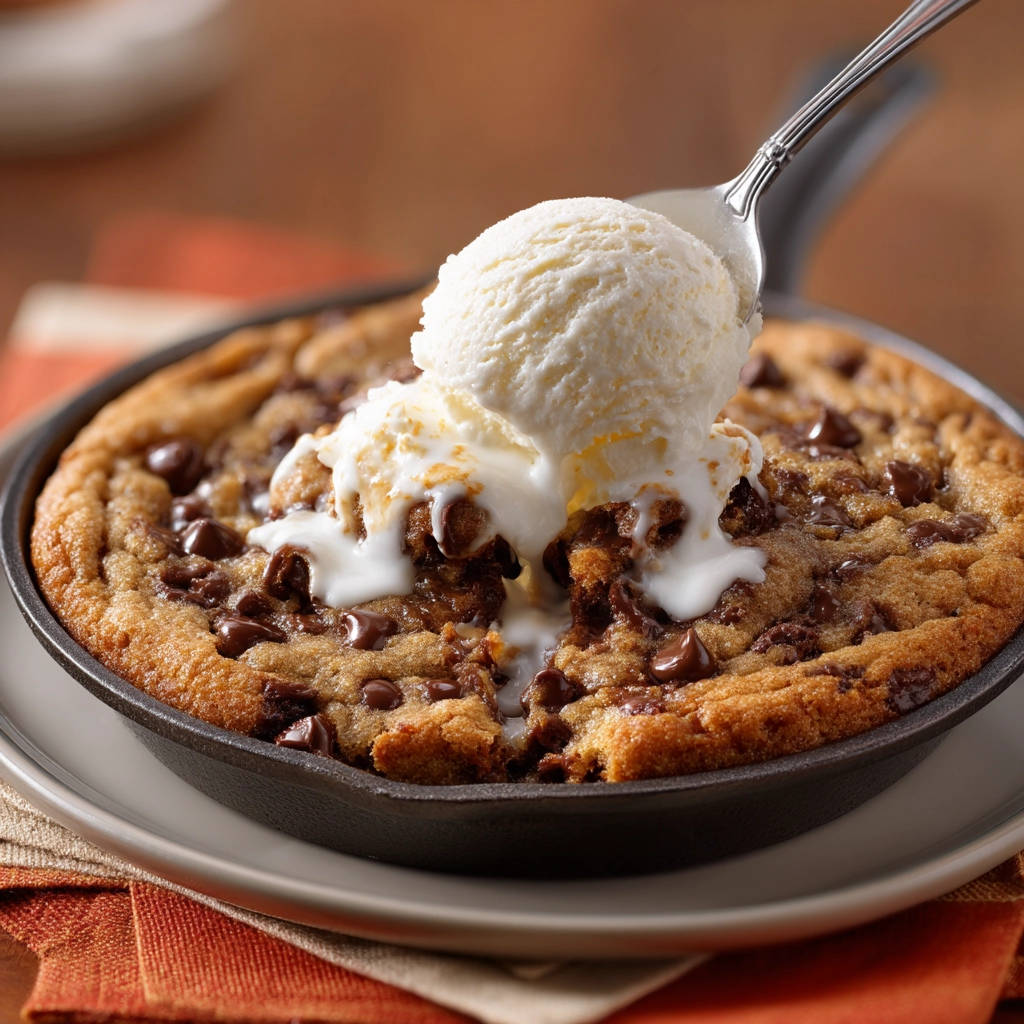 Giant skillet chocolate chip cookie with a scoop of melting ice cream being lifted by a fork.