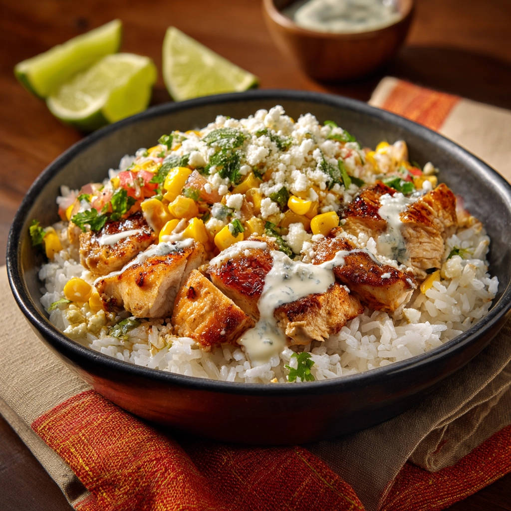 Glazed chicken and corn rice bowl, a close-up showing the topping of crumbled cheese and herbs.