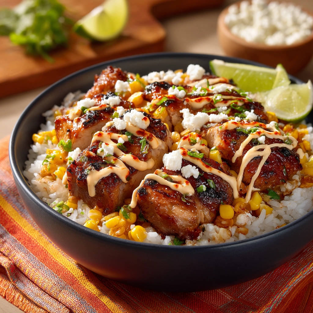 Glazed chicken and corn rice bowl, a close-up view showcasing the tender chicken with drizzles of sauce and a sprinkle of cheese.